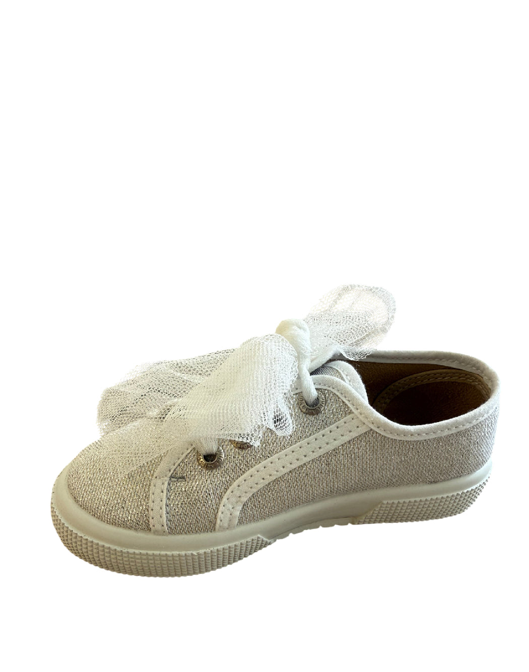 Vulladi Sneakers Bimba in tela Glitter Argento con Maxi Fiocco in Tulle - Eleganti e Casual