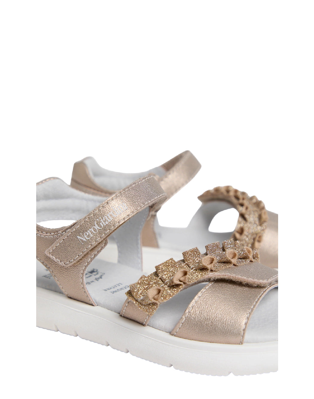 Nero Giardini Sandali Bambina in Pelle Laminata Champagne con Ruche Glitter