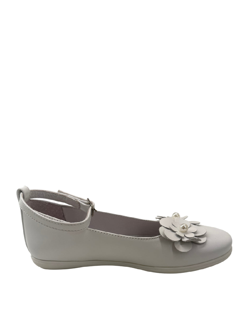 Mister Jerry Ballerine Cerimonia Bambina-Scarpa Bianca in Pelle con Doppio fiore e Perla
