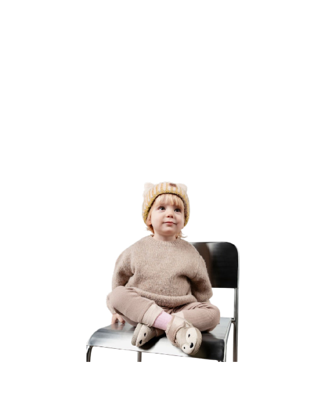 Victoria Cappello Invernale in Maglia Bambino con Orecchie e Bordo a Righe Giallo Ocra