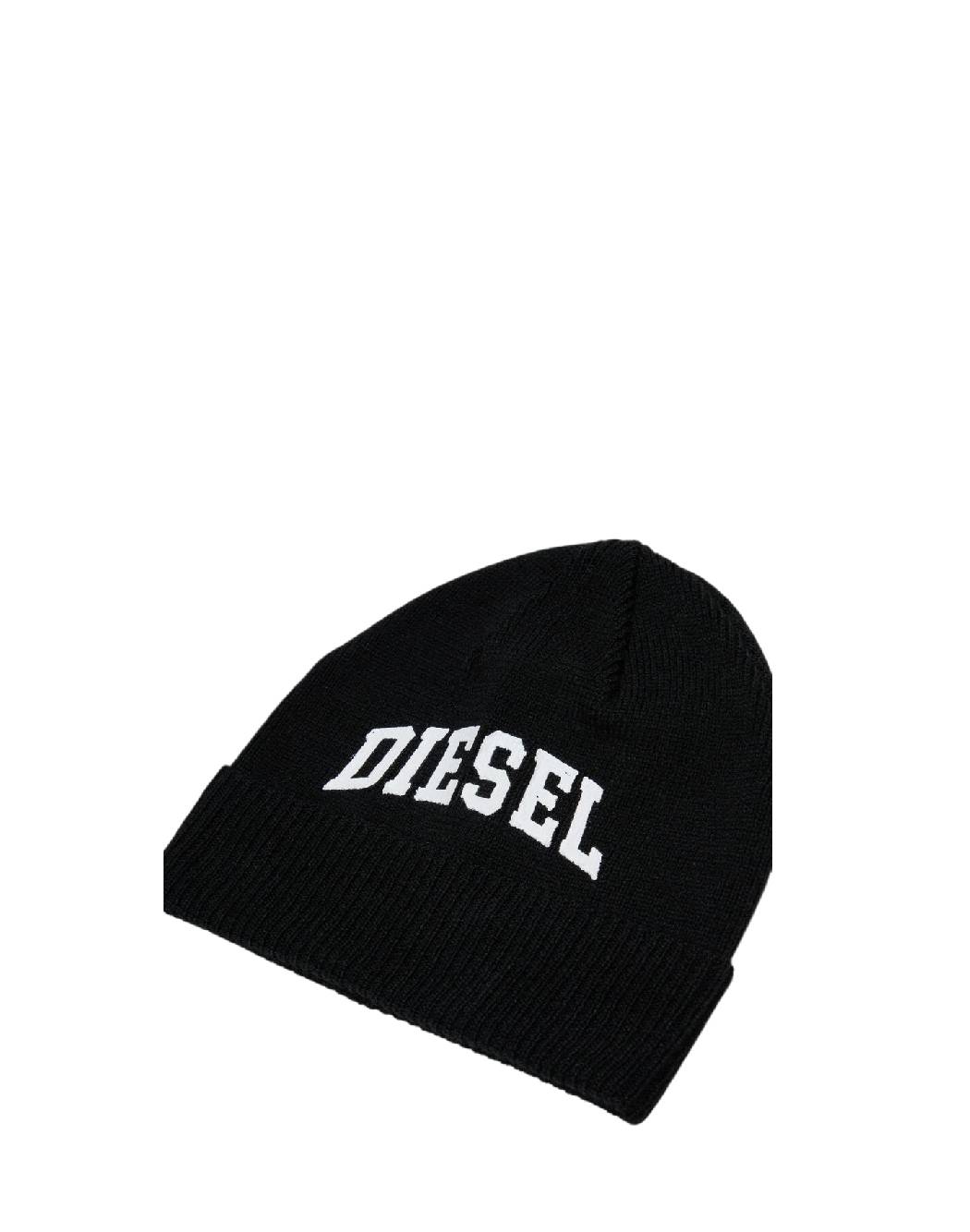 Diesel-Cappello Beanie Nero in Maglia con Logo Lettering