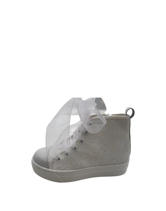 Panyno - Sneaker Alta da Cerimonia in Glitter Bianco con Stringhe in Organza