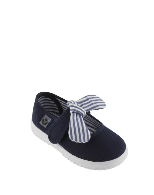 Victoria Ballerine in Tela Blu Navy con Fiocco a Righe