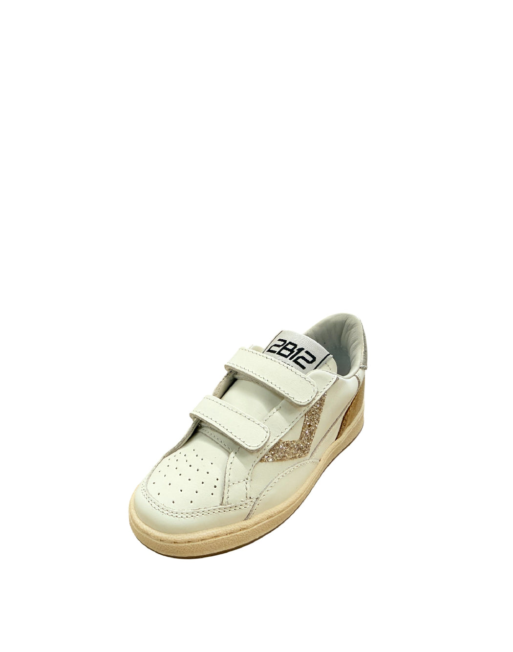 2B12 Sneakers Bimba in Pelle Bianca con Dettagli Glitter Oro e Strappi