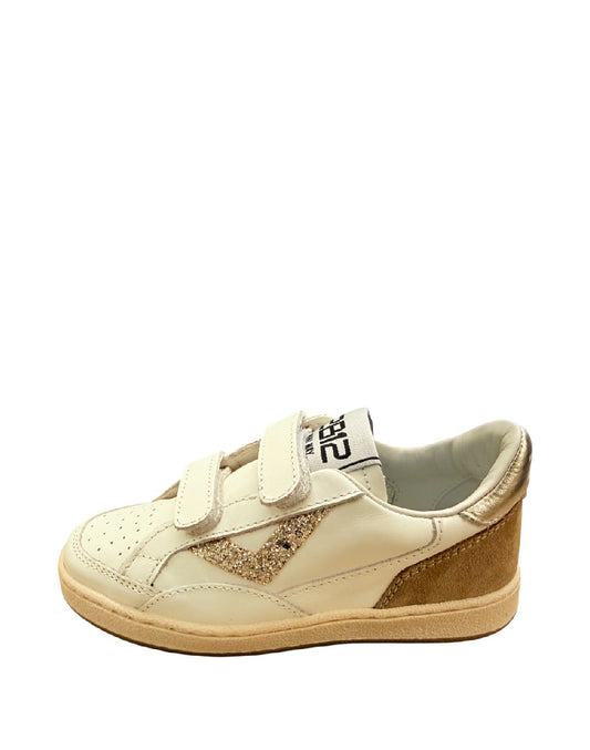 2B12 Sneakers Bimba in Pelle Bianca con Dettagli Glitter Oro e Strappi