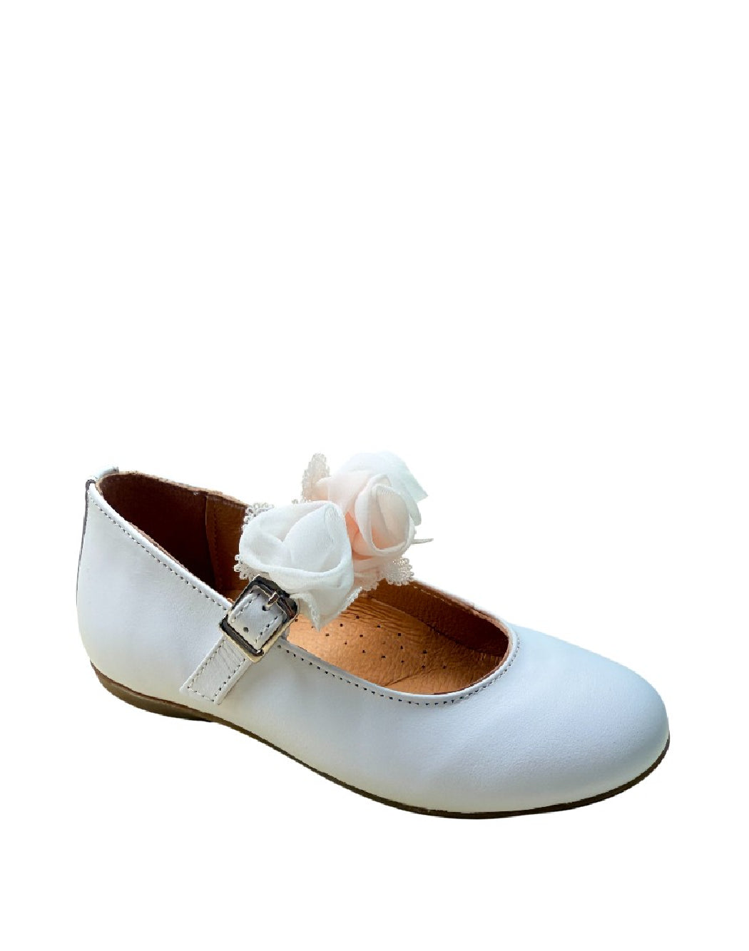 Platis Ballerina in Pelle Bianca con Fiori in Organza bianchi e rosa