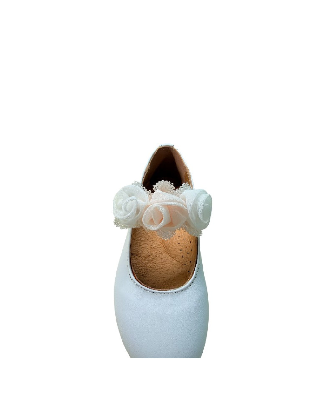 Platis Ballerina in Pelle Bianca con Fiori in Organza bianchi e rosa