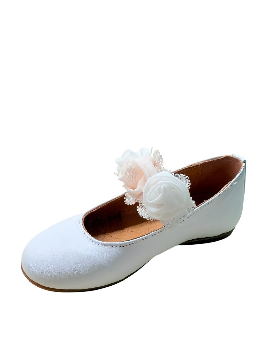 Platis Ballerina in Pelle Bianca con Fiori in Organza bianchi e rosa