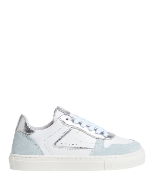 NeroGiardini Sneaker bimba Urban Chic in Pelle e Suede – Bianco, Argento e Celeste