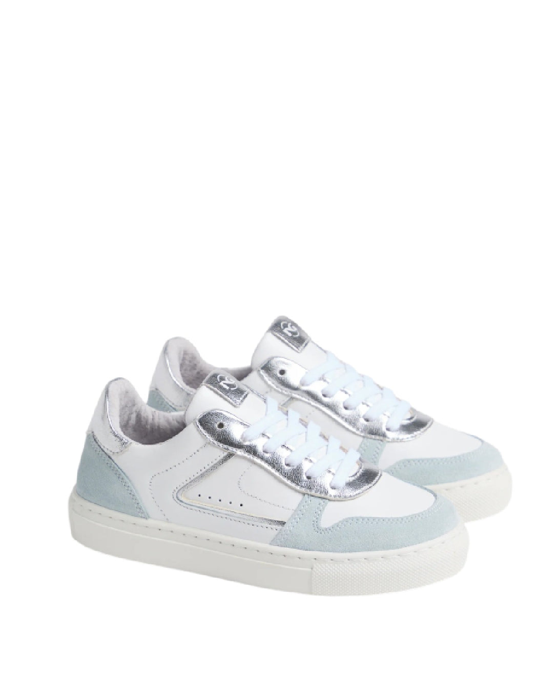 NeroGiardini Sneaker bimba Urban Chic in Pelle e Suede – Bianco, Argento e Celeste
