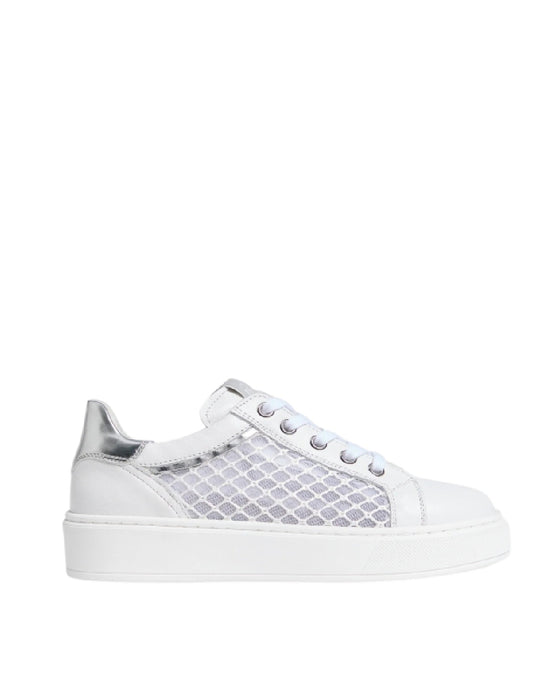 NeroGiardini Sneaker bimba Bianca con Inserto a Rete e Tallone Laminato Argento