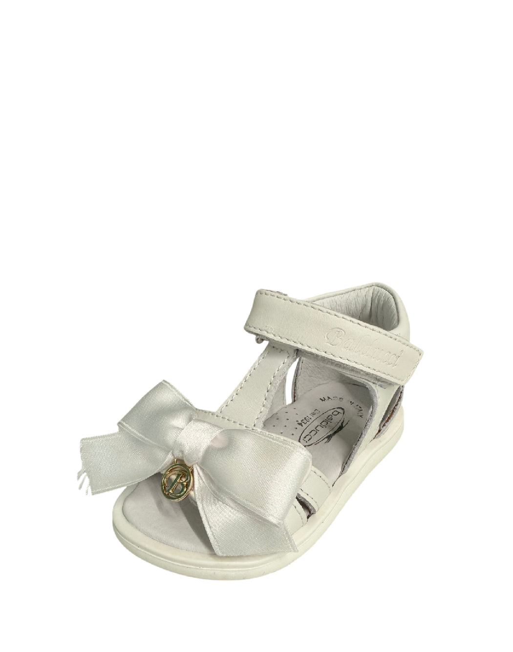 Balducci Sandalo Primi Passi bimba in Pelle Bianca con Maxi Fiocco e Charm Oro
