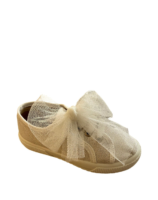 Vulladi Sneakers Bimba in tela Glitter Argento con Maxi Fiocco in Tulle - Eleganti e Casual