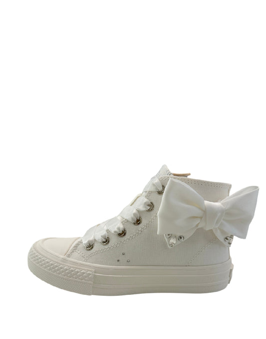 Gaelle Sneakers High-Top in Tela con Maxi Fiocco e Dettagli Gioiello - Bianco