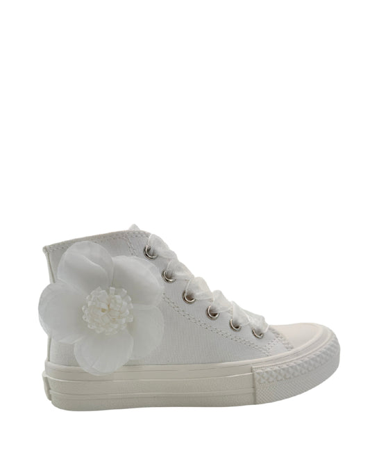 Gaelle Sneakers High-Top in Canvas Bianche con Applicazione Floreale e Lacci in Organza