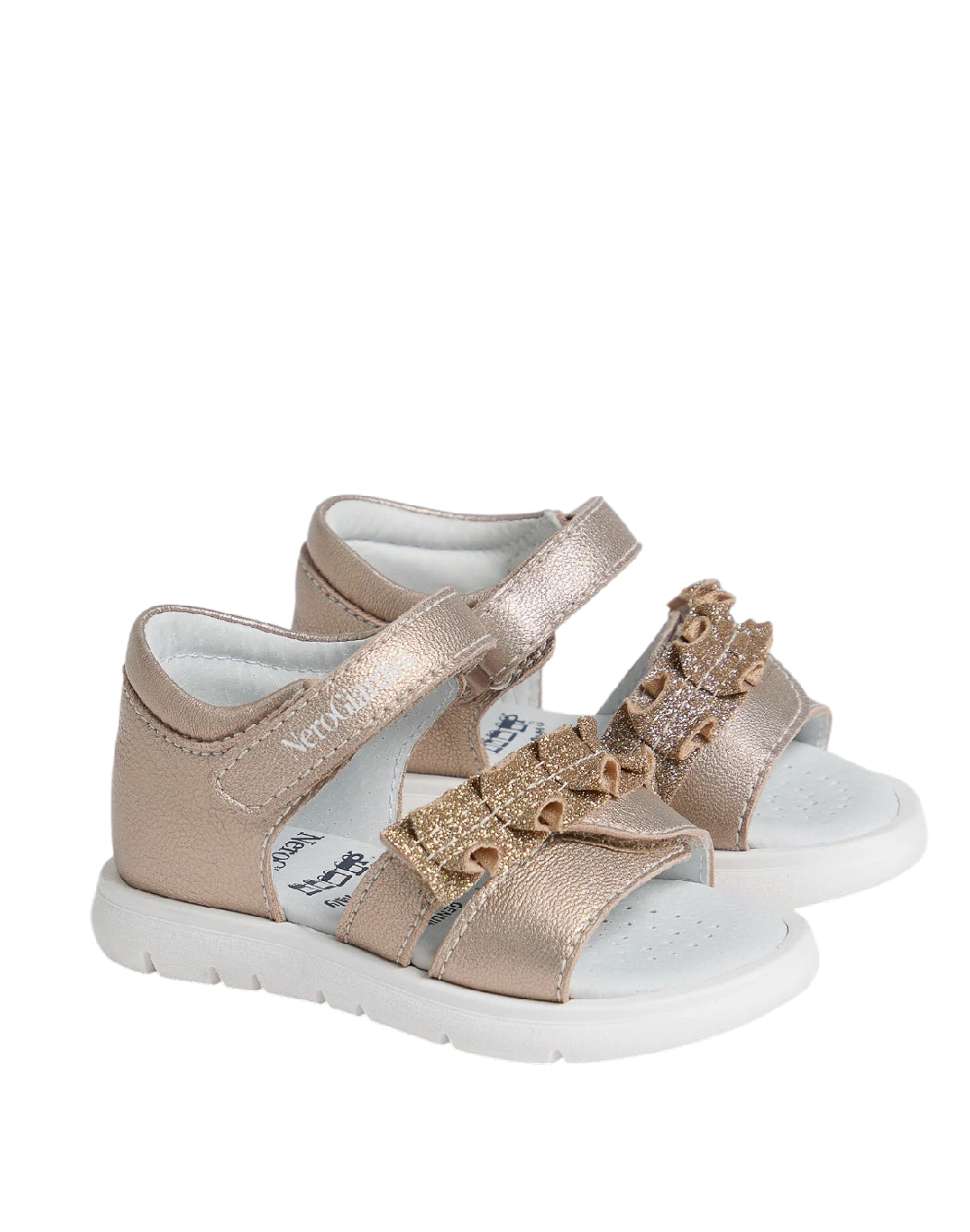 Nero Giardini Sandali Primi Passi bimba in Pelle Laminata Champagne con Ruches Glitter