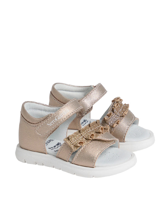 Nero Giardini Sandali Primi Passi bimba in Pelle Laminata Champagne con Ruches Glitter