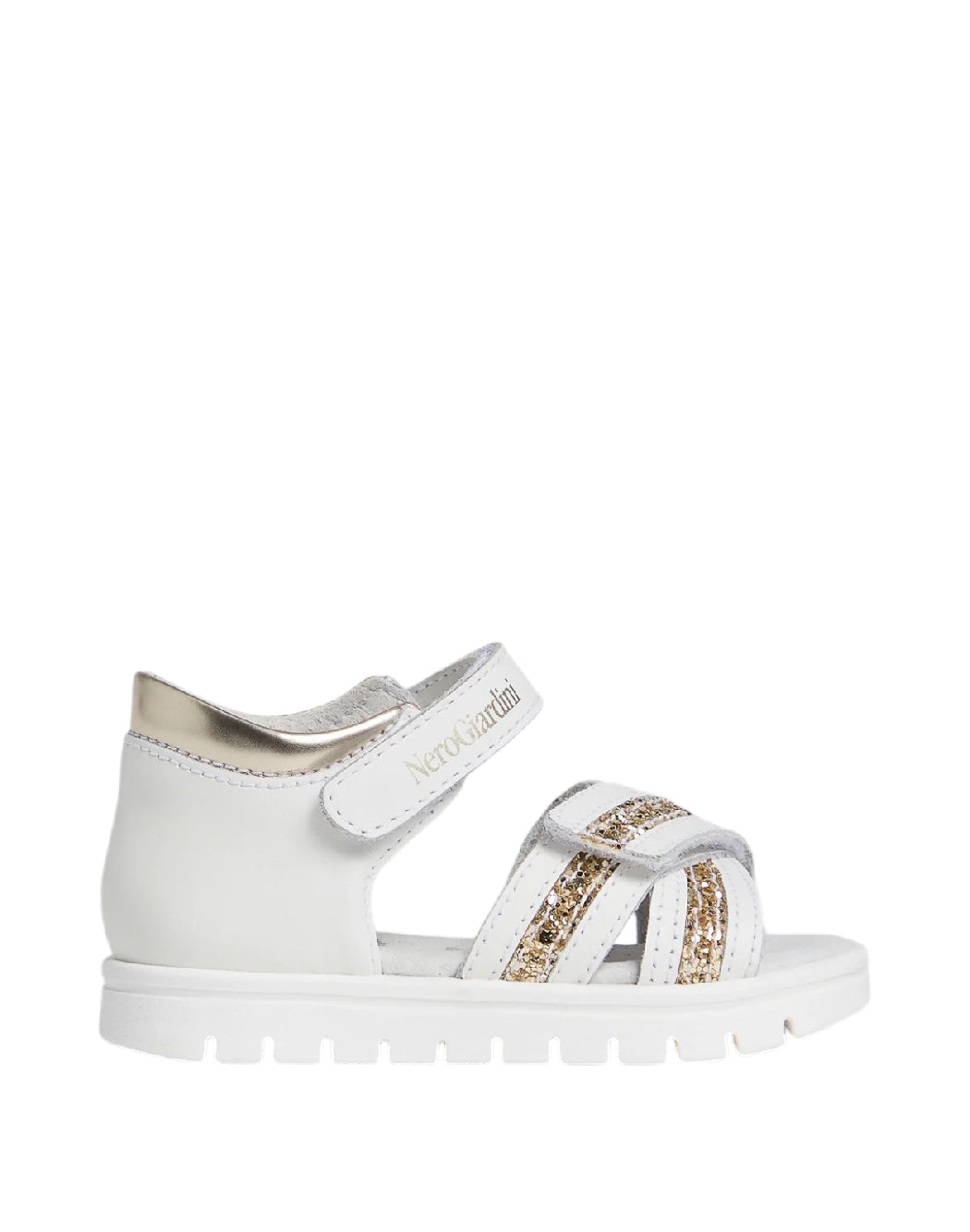 Nero Giardini Sandali Primi Passi bimba in Pelle con Dettagli Glitter – Bianco/Oro