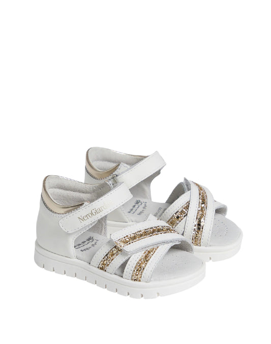 Nero Giardini Sandali Primi Passi bimba in Pelle con Dettagli Glitter – Bianco/Oro