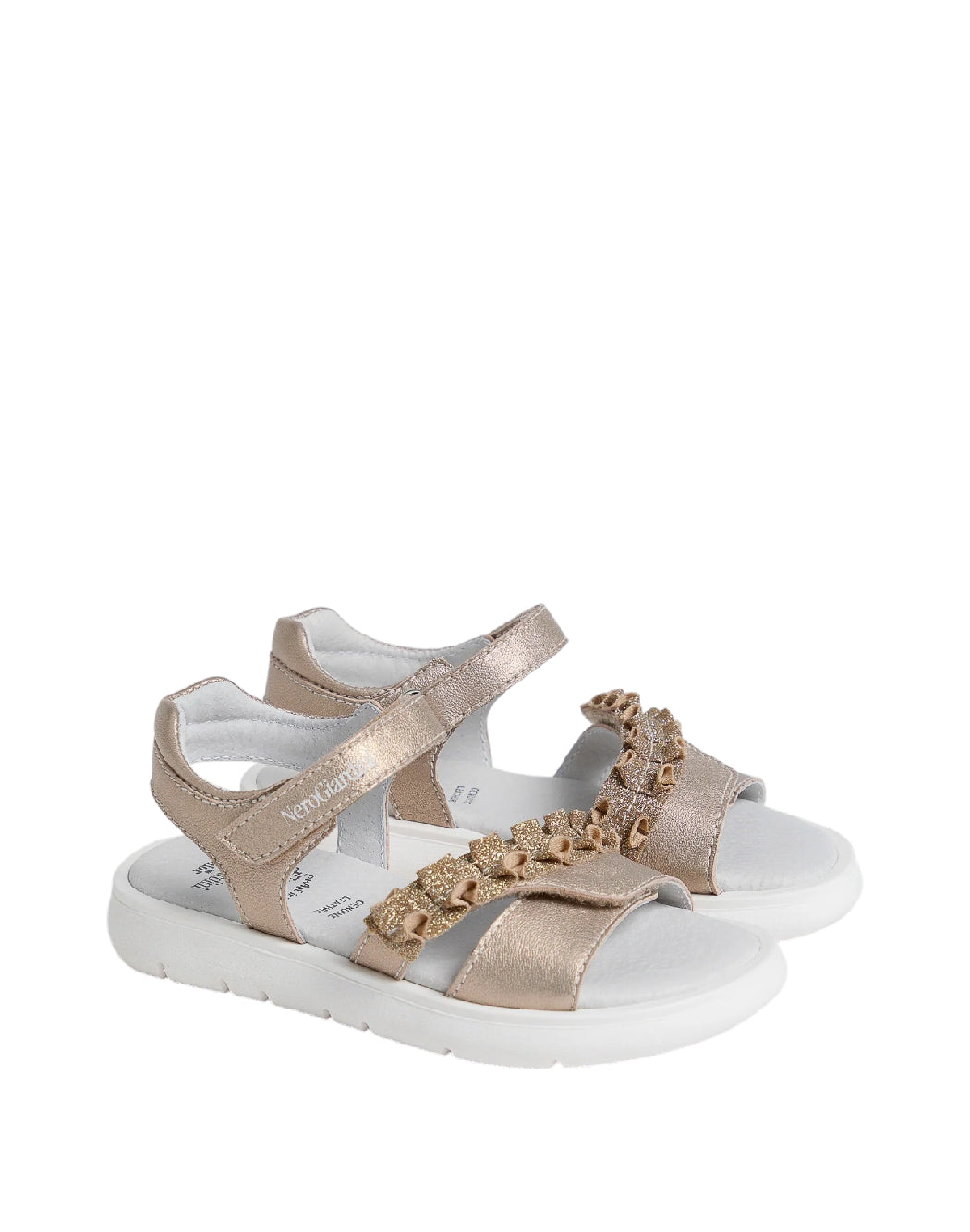 Nero Giardini Sandali Bambina in Pelle Laminata Champagne con Ruche Glitter