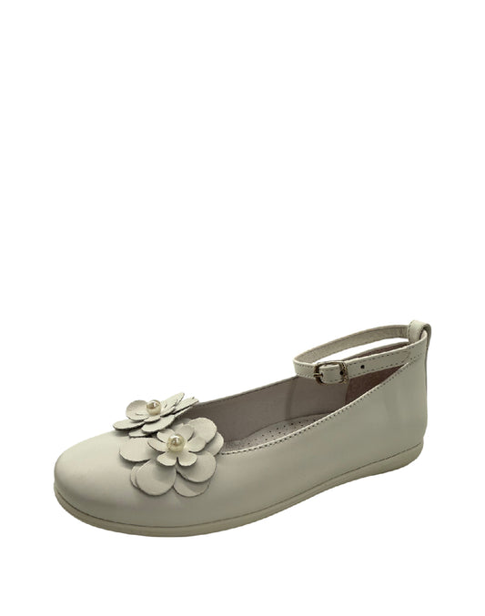 Mister Jerry Ballerine Cerimonia Bambina-Scarpa Bianca in Pelle con Doppio fiore e Perla