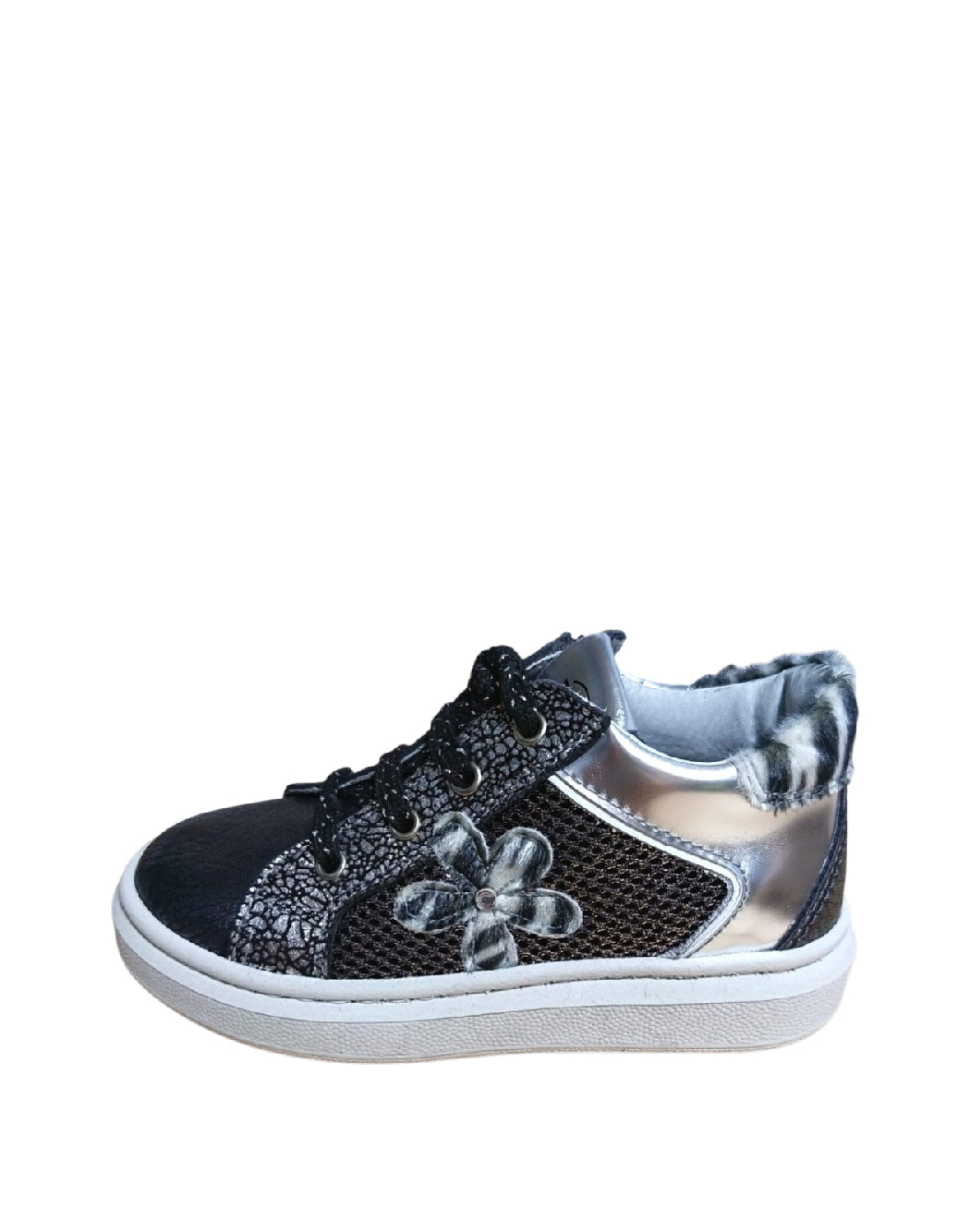 Sneakers Alte Bambina Nero Giardini Nere e Argento con Fiore Applicato e Dettagli Animalier