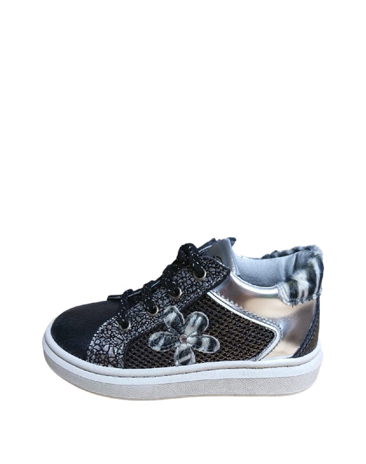 Sneakers Alte Bambina Nero Giardini Nere e Argento con Fiore Applicato e Dettagli Animalier
