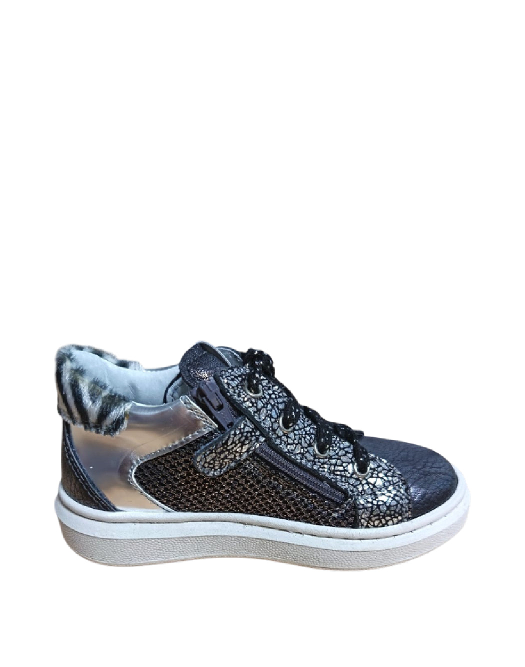 Sneakers Alte Bambina Nero Giardini Nere e Argento con Fiore Applicato e Dettagli Animalier
