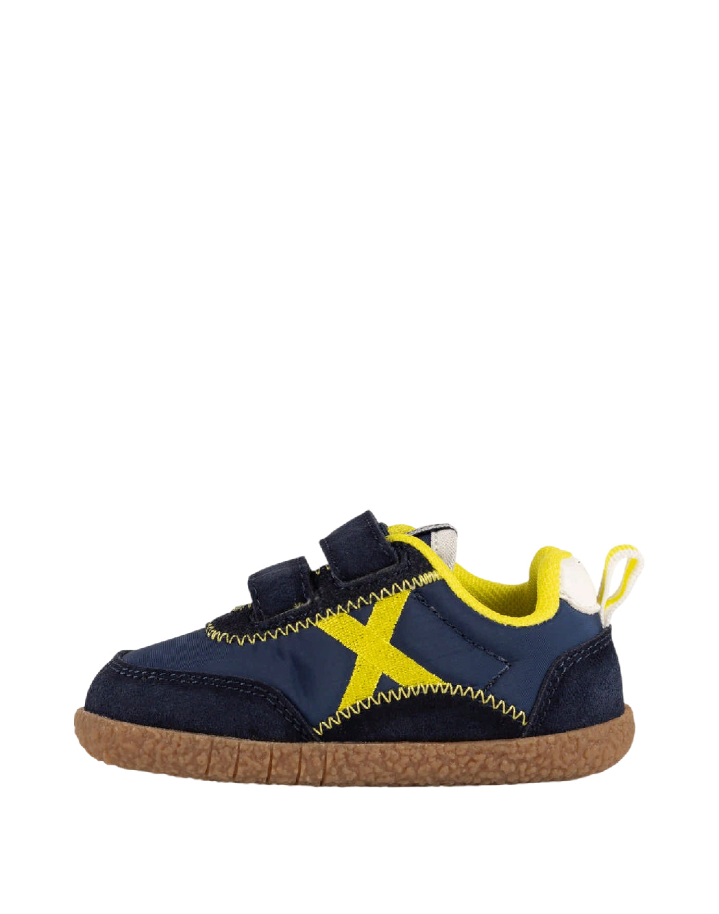MUNICH BABY KODA W 28 - Sneakers sportive per bambini Barefoot di colore blu navy e giallo con doppia chiusura a strappo.