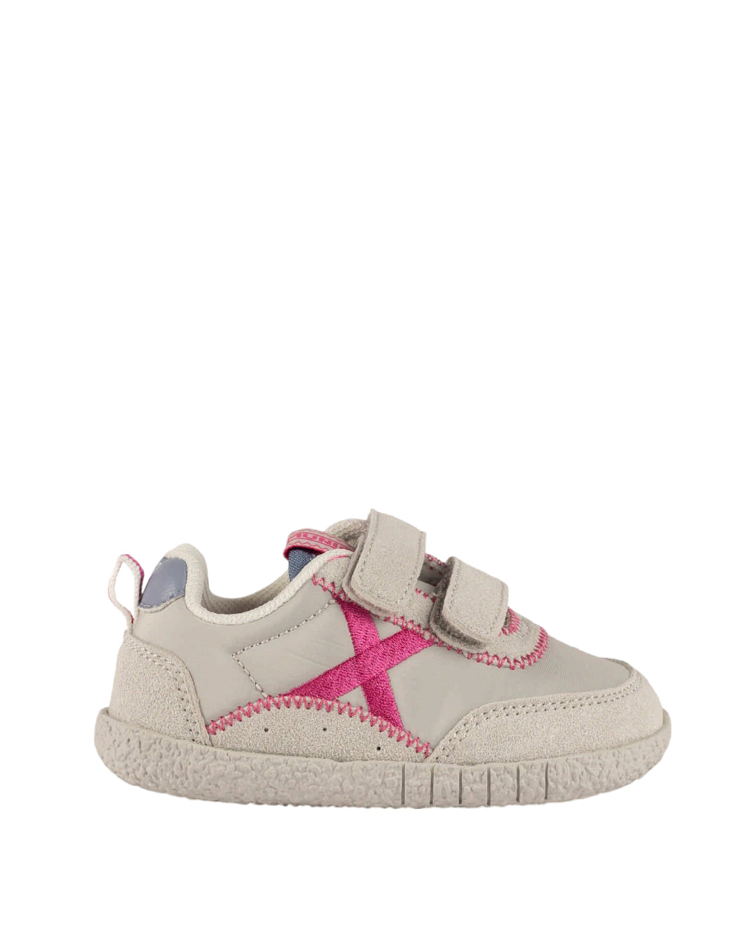 MUNICH BABY KODA W 26 - Sneakers sportive per bambini Barefoot di colore grigio e fucsia con doppia chiusura a strappo.