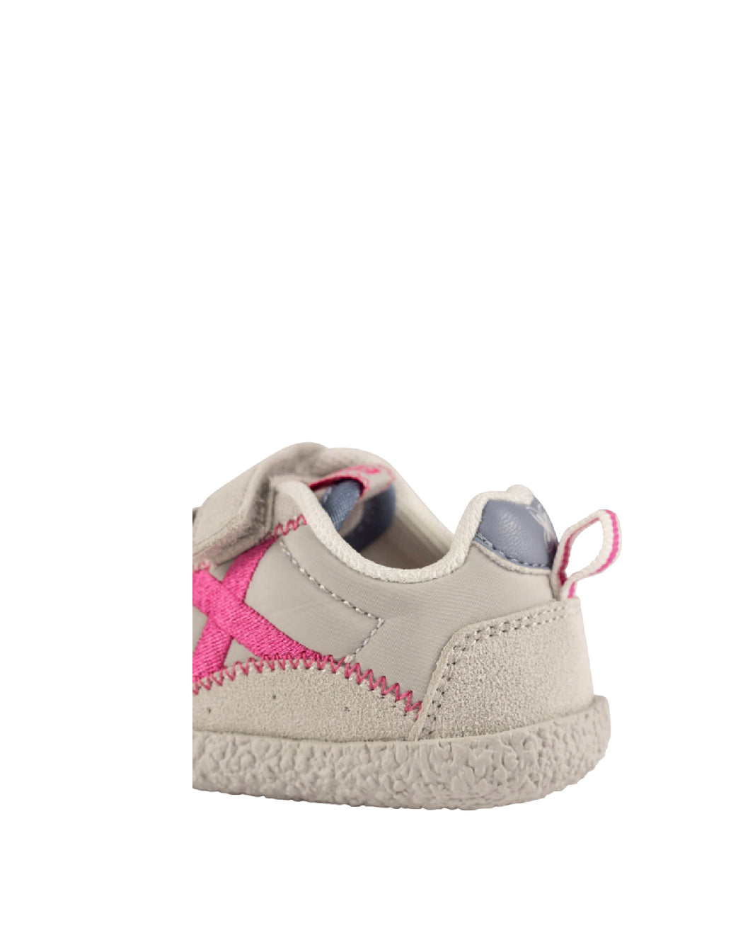 MUNICH BABY KODA W 26 - Sneakers sportive per bambini Barefoot di colore grigio e fucsia con doppia chiusura a strappo.