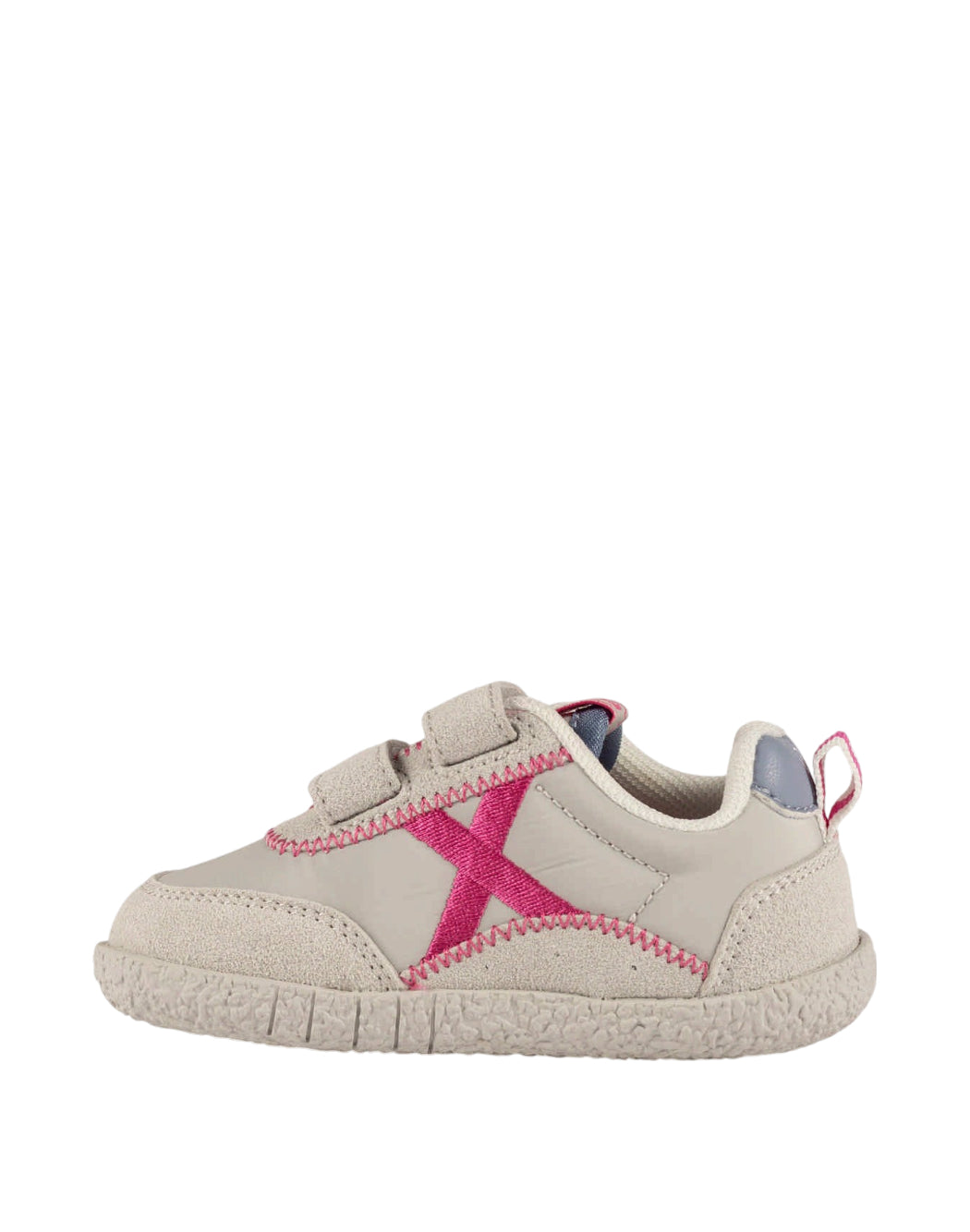 MUNICH BABY KODA W 26 - Sneakers sportive per bambini Barefoot di colore grigio e fucsia con doppia chiusura a strappo.