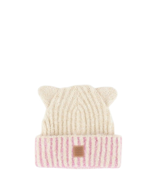 Victoria Cappello Invernale in Maglia Bambina con Orecchie e Bordo a Righe Rosa