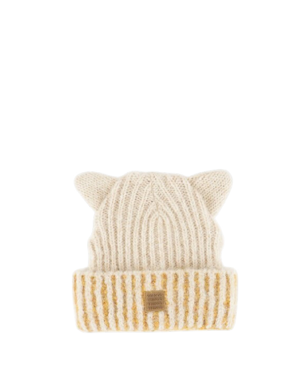 Victoria Cappello Invernale in Maglia Bambino con Orecchie e Bordo a Righe Giallo Ocra