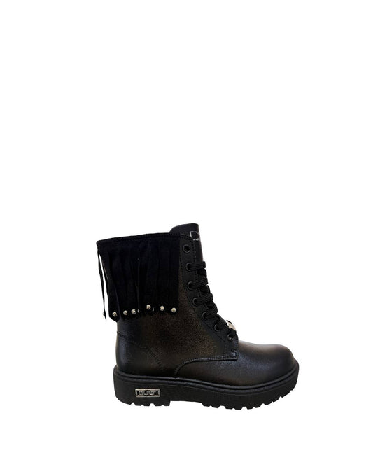 CULT Anfibi Cult Bambina e Ragazza in Pelle Nera con Frange e Borchie