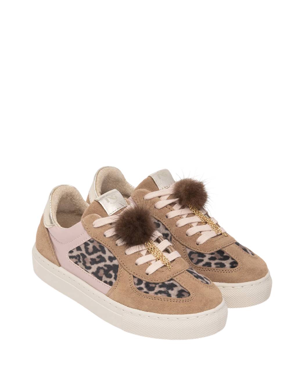 Nero Giardini Sneakers Bimba/Ragazza Nocciola e Leopardate con Pom Pon in Pelliccia e Catenina