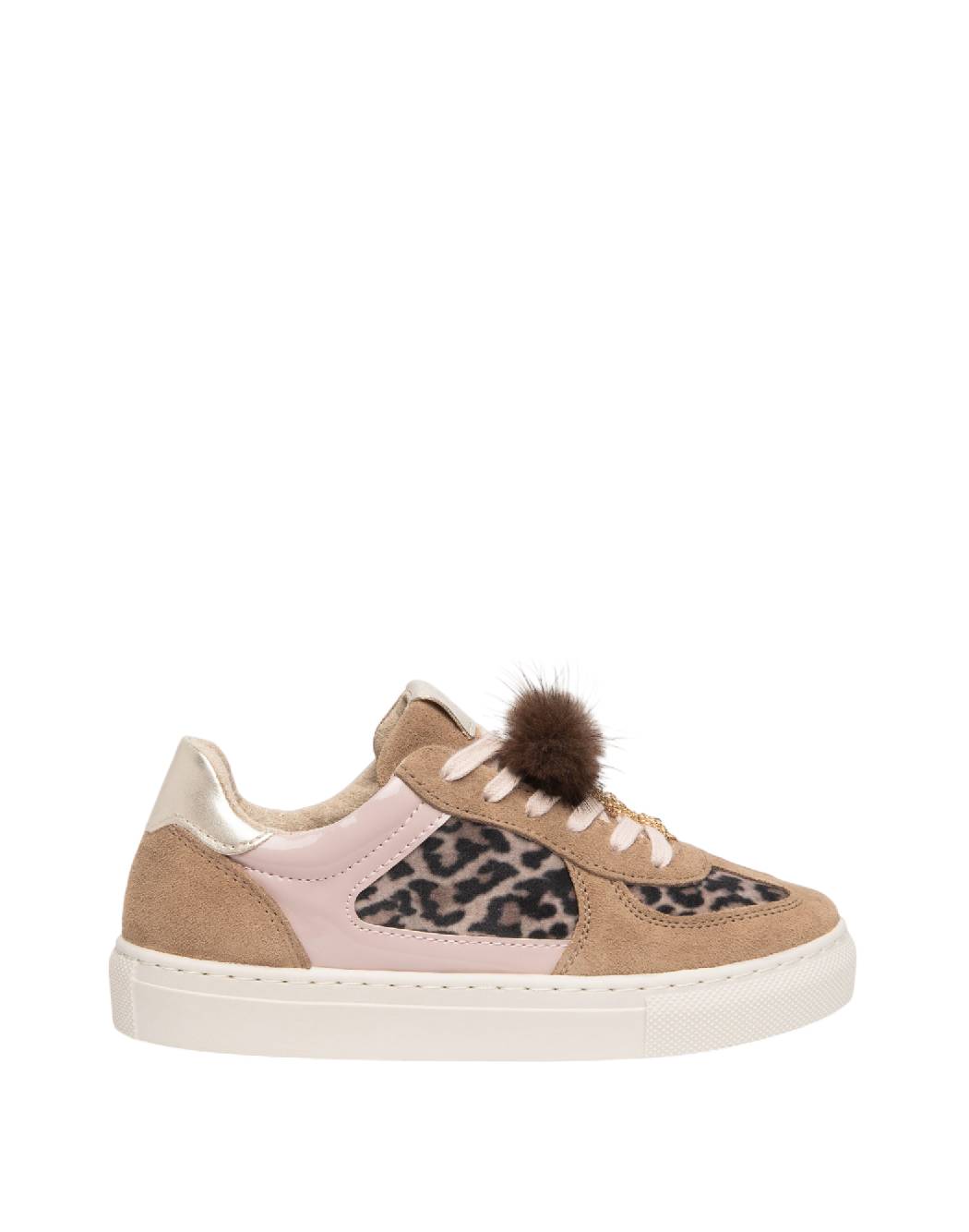 Nero Giardini Sneakers Bimba/Ragazza Nocciola e Leopardate con Pom Pon in Pelliccia e Catenina