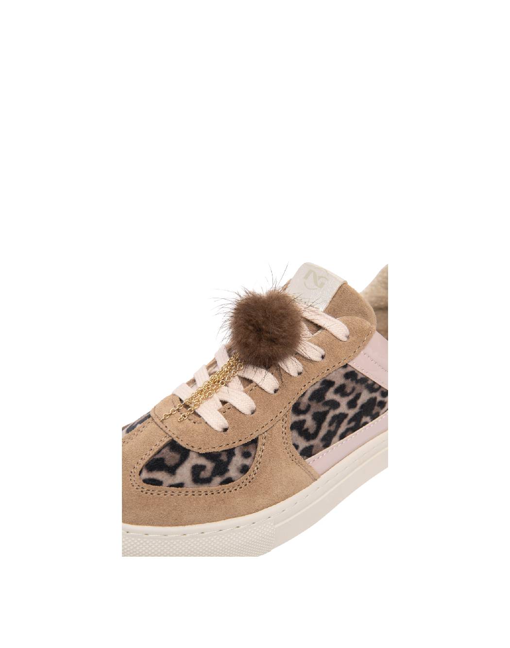 Nero Giardini Sneakers Bimba/Ragazza Nocciola e Leopardate con Pom Pon in Pelliccia e Catenina