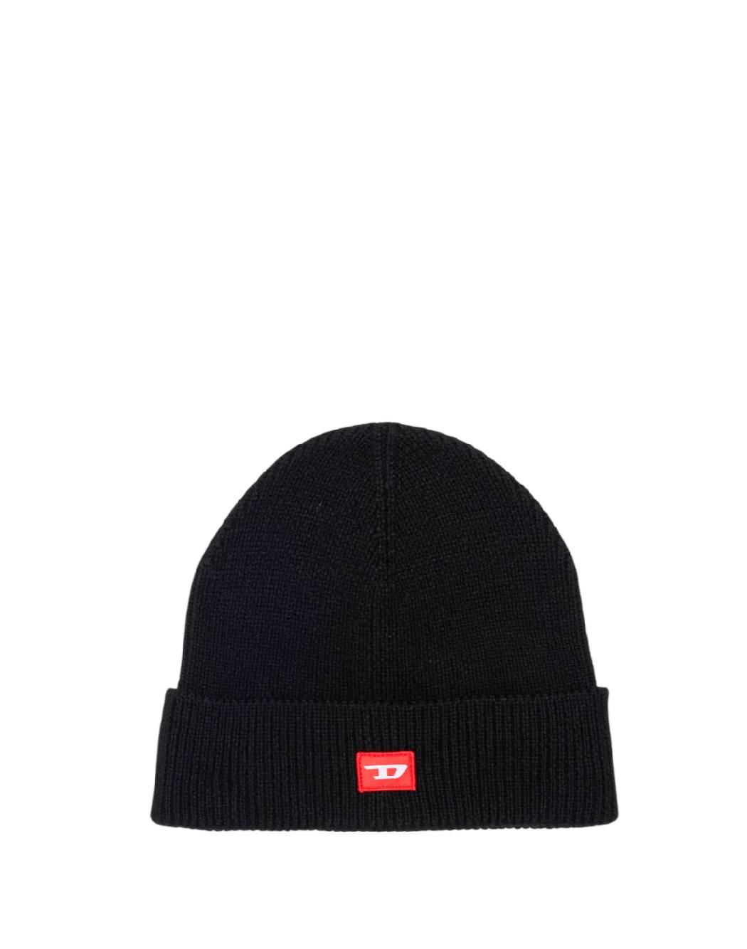 Diesel-Cappello Beanie Nero in Maglia con Patch Logo