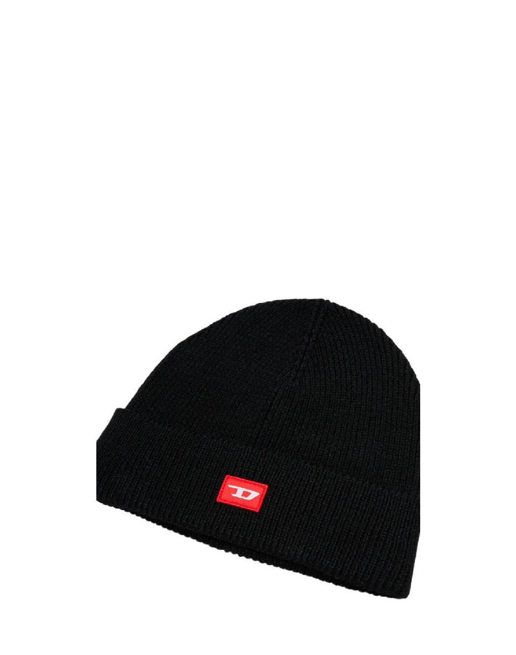 Diesel-Cappello Beanie Nero in Maglia con Patch Logo
