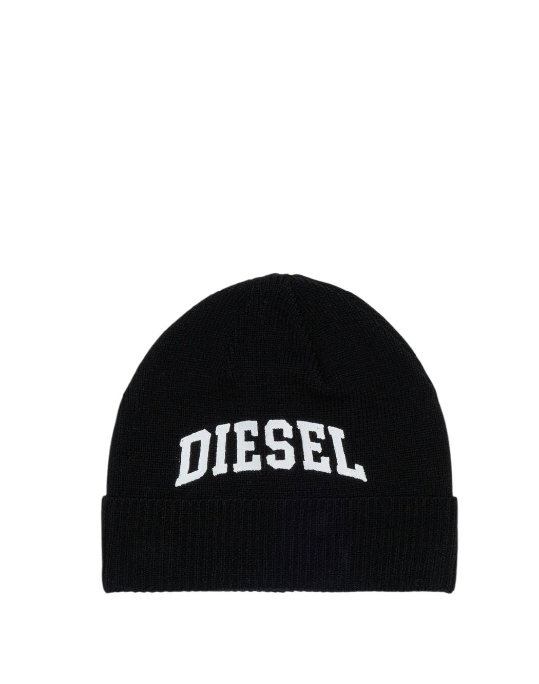 Diesel-Cappello Beanie Nero in Maglia con Logo Lettering