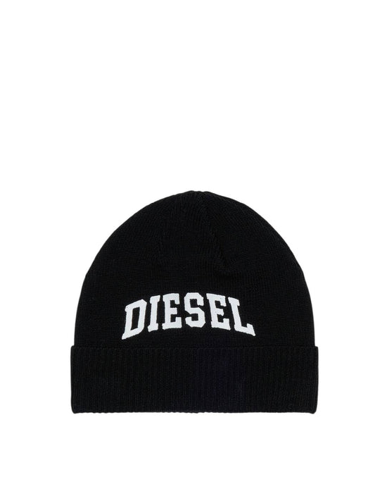 Diesel-Cappello Beanie Nero in Maglia con Logo Lettering