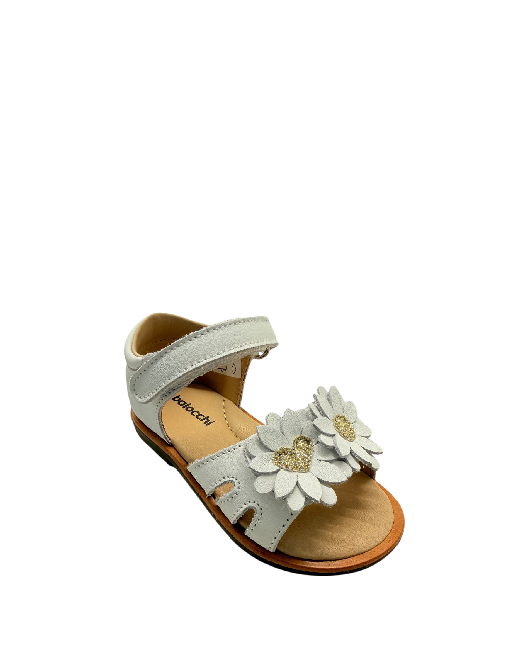 Balocchi Sandali Primi Passi bimba in Pelle – Bianco con Margherite e Cuori Glitter